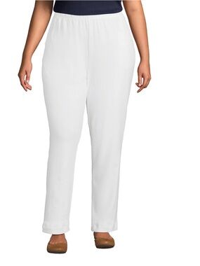 Lands' End Women's Sport Knit White High Rise, Straight Leg, Pull On Pants LP